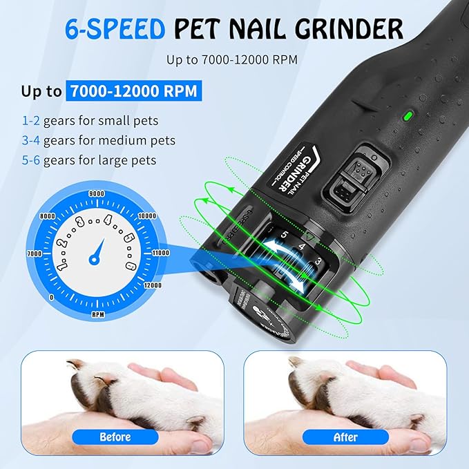 Dog Nail Grinder Quiet Low Vibration, 6 Speed Pet Nail Grinder with 2 LED Lights for Large Medium Small Dogs Cats, Professional 3 Ports Rechargeable Electric Dogs Nail Trimmer (Grey)