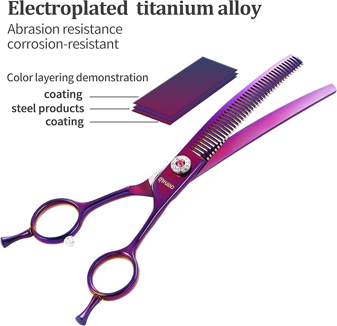7" Professional Curved Thinning Scissors for Dog Grooming Sharp Blades Blending Shears Dog Grooming Scissors Japan 440C Stainless Steel Smooth Motion & Fine Cutting(Multicolored)