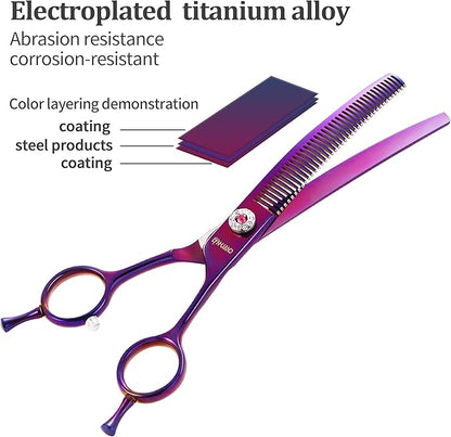 7" Professional Curved Thinning Scissors for Dog Grooming Sharp Blades Blending Shears Dog Grooming Scissors Japan 440C Stainless Steel Smooth Motion & Fine Cutting(Multicolored)