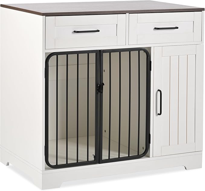 Merax Farmhouse 37.4 Inch Dog Crate Furniture with Storage Cabinet & 2 Drawers, Wooden Dogs Kennel End Table with Double Doors, Indoor Dog House for Small, Medium Dogs up to 40 Lbs, Brown+White