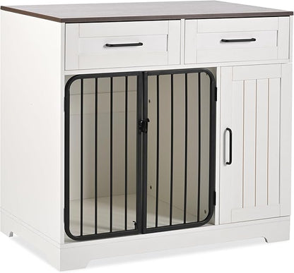 Ball & Cast 37.4" 2-in-1 Dog Crate Furniture,Modern Indoor Kennel with 2 Drawers&Storage Shelves,Double Doors&Double Locks Design for 26-40 lbs Dogs,Living Room,Kitchen,Entryway Side Table,White