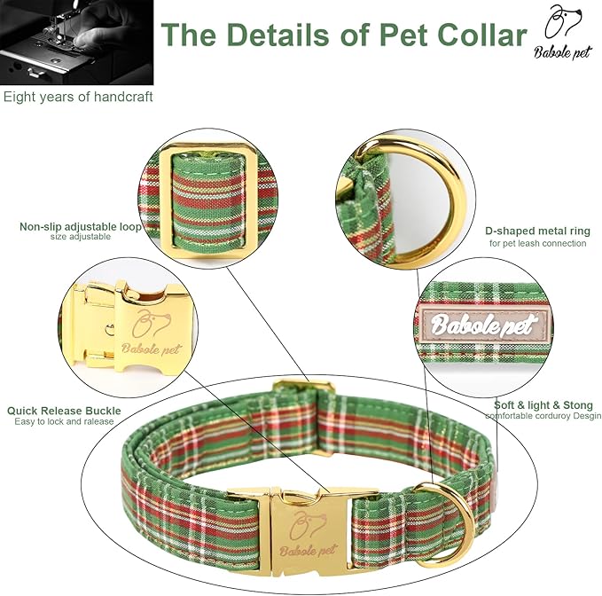 Christmas Dog Collars for Small Dog,Green Dog Collar with Safety Metal Buckle Adjustable Puppy Collars for Medium Large Dog,Boy&Girl&Male&Female Dog Gift,S-10-16"