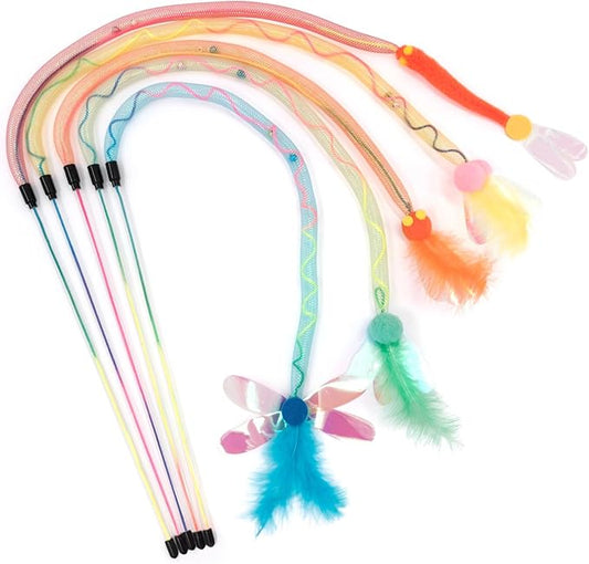 SONGWAY Cat Rainbow Wand Toy - Rainbow Cat Feather Toys with Bells, Colorful Mesh Teaser Wand with Feather Tail, Interactive Toys for Indoor Cats Kittens, Mixed Colors