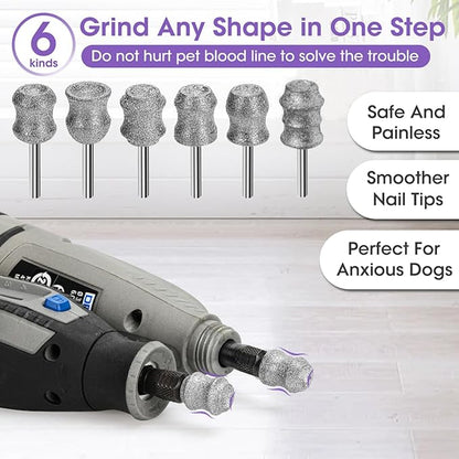Dog Nail Grinder Bits for Dremel - Diamond Dog Nail Grinder Attachment for Large Medium Small Dogs Nail Care - 1/8'' Painless Nail Grinder Bits Won't Pull Hair or Get Hot