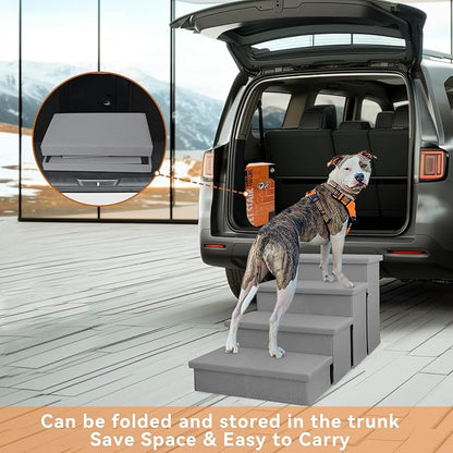 Dog Stairs with Storage 23" H, 4-Step Wider Dog Steps for High Beds Window, Folding Sturdy Pet Stairs Gift for Small/Medium/Large Dogs Cats, Dog Ramp for Climbing Car Hold Up to 200 lbs, Smok Gray