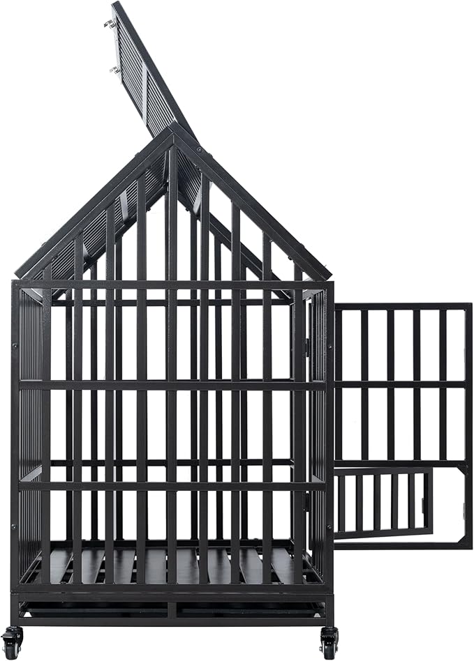 48" Metal Dog Cage with 4 Lockable Casters, Heavy Duty Inoor Dog Kennel with Doors and Roof for Large or Medium Dogs, Black