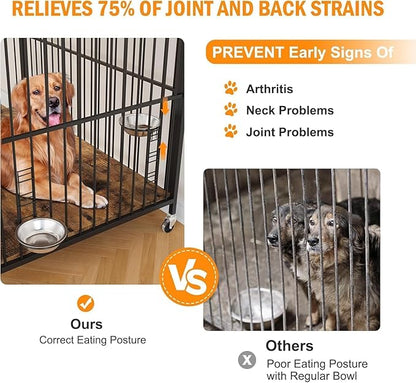 32 Inch Dog Crate Furniture, Dog Cages with Adjustable Feeder Height, Ideal for Small Dogs, Equipped with 360-Degree Swivel Casters for Smooth Mobility, Rustic Brown