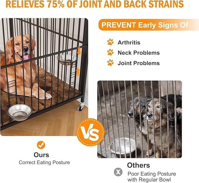 39.8 Inch Dog Crate Furniture, Dog Cages with Adjustable Feeder Height, Ideal for Medium Dogs, Equipped with 360-Degree Swivel Casters for Smooth Mobility, Rustic Brown