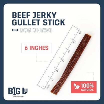 Big Lu - 6-Inch Jerky Gullet Sticks, 12 Count, All-Natural Beef Dog Chews, Grass-Fed, Free-Range, Digestible Treats with Glucosamine and Chondroitin for Joint Health, Dogs
