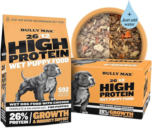 Bully Max Wet Puppy Food - Instant Fresh Dehydrated High Protein Soft Dog Food with Chicken - Healthy Growth for Small & Large Breed - 20 Dry Dog Food Pounds (Makes 55 lbs. Wet Dog Food, 10 Pouches)