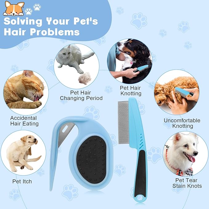 2PCS Flea Comb-Pet Knotting Comb, Tick Comb for Long Haired Pets- Remove Clumps Stainless Fine Tooth Dog Eye Comb Tear Stain Comb for Small Dogs Cat Pet Grooming Comb