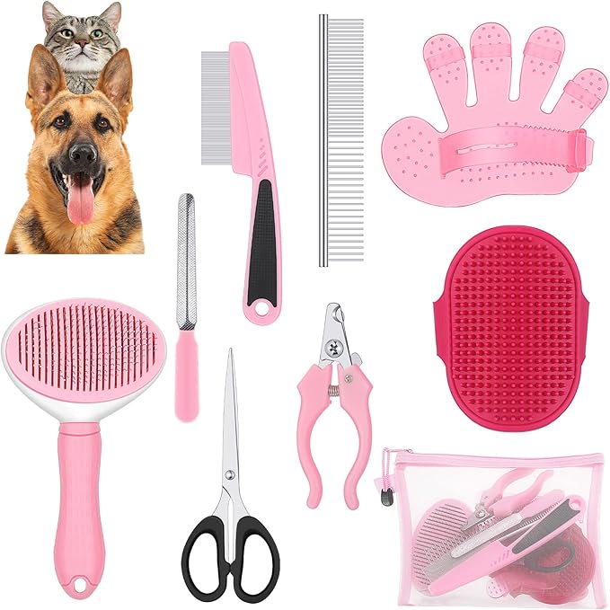 Yaomiao Pet Grooming Brush Kit, Includes 9 Pcs Self Cleaning Slicker, Dog Brush Shedding and Flea Comb, Nail Clippers and File, for Dogs, Cats, All Ages/Unisex, Fresh Color