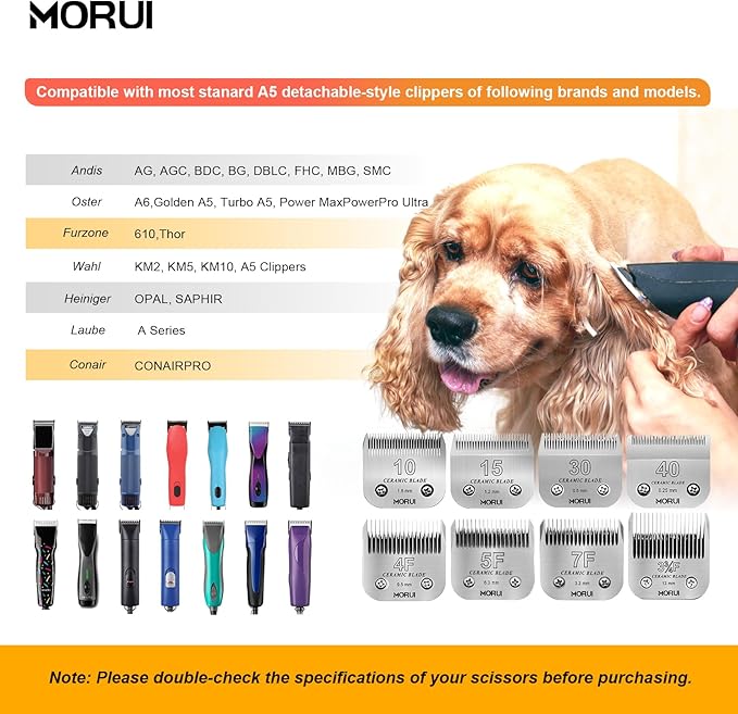 15 Cut Length 3/64"(1.2mm) Detachable Ceramic Pet Dog Clipper Blades Compatible with Most Andis,Oster A5 Wahl KM Series Clippers