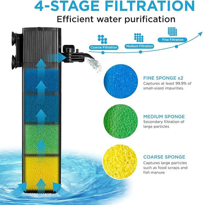 Internal Fish Tank Filter with 4-Stage Biochemical Sponge Filtration, 18W Adjustable Water Flow Submersible Aquarium Filter Pump for 40 ~ 80 Gal Freshwater or 35 ~ 50 Gal Saltwater, TC-2000C(290GPH)