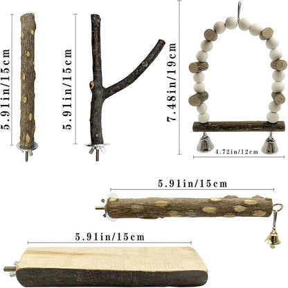 5Pcs Natural Wooden Bird Perch Set – Parrot Perch Toys, Bird Cage Toys, Cage Accessories for Budgies, Cockatiels, Lovebirds, Finches, and Other Small to Medium Birds