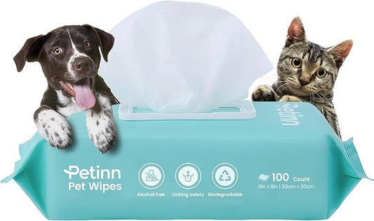 Pet Wipes for Dogs and Cats, Paws Butt Fur Cleaning Deodorizing, 100 Count Unscented Pet Grooming Wipes with 8"x8" Biodegradable Bamboo Fiber, Puppy Kitten Bath Wipe, Hypoallergenic, Licking Safety