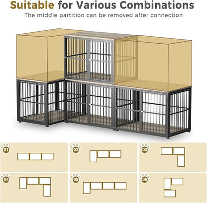 43'' Stackable Dog Crate Furniture Large Breed with Double Rooms,Wooden Dog Crate Heavy Duty Dog Kennel Indoor with Removable Divider for Small to Medium Dogs, Can Use Separately