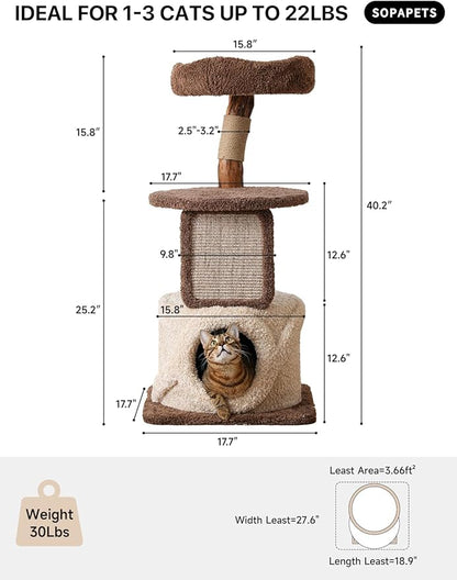 40 Inch Tall Modern Solid Wood Cat Tree Tower for Indoor Cats Large Adult, Sturdy Heavy-Duty Cat Condo with Scratching Post, Perch, Scratcher, Platform, Cozy Hideaway
