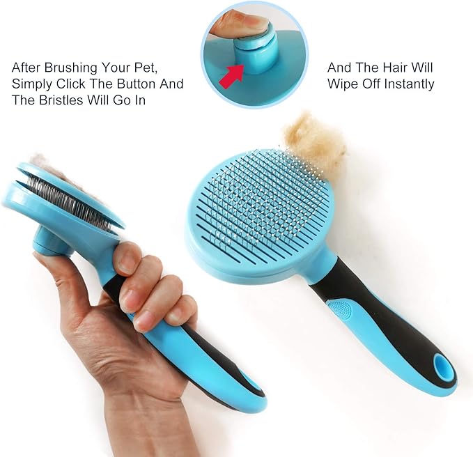 Dog Brush and Cat Brush, Self Cleaning Slicker Brush for Shedding Pet Grooming Tools for Small, Medium, Large, Short Haired or Long Haired Dogs and Cats for Matted Fur (Blue)