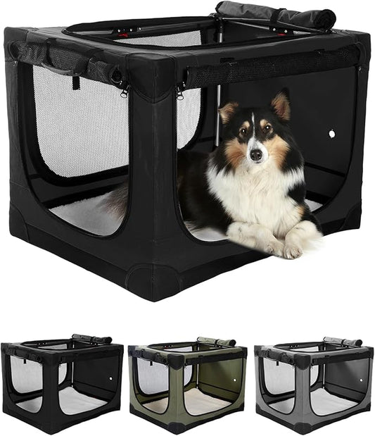 24 Inch Collapsible Travel Dog Crate for Medium Large Dogs, Portable Dog Crate 4-Door Foldable Soft Kennel with Chew-Proof Mesh Windows for Indoor & Outdoor Travel,with Storage Bag,Black