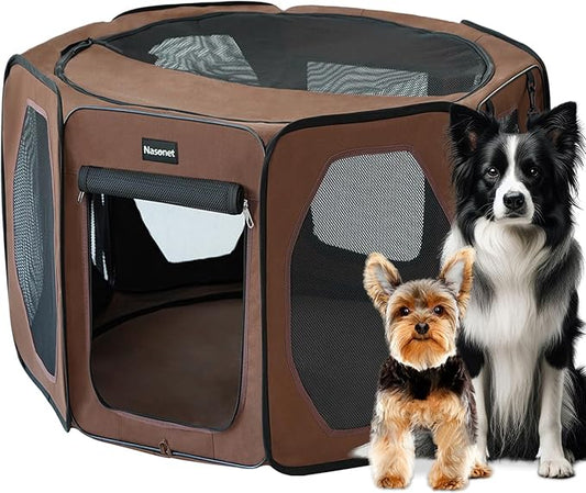 Dog Playpen, Cat Dog Crate Portable Pet Exercise Cage Kennel House Puppy Playpen Animal Playpen Indoor/Outdoor, Water-Resistant Kennel Tent with Traveling Bag (Brown, Medium)