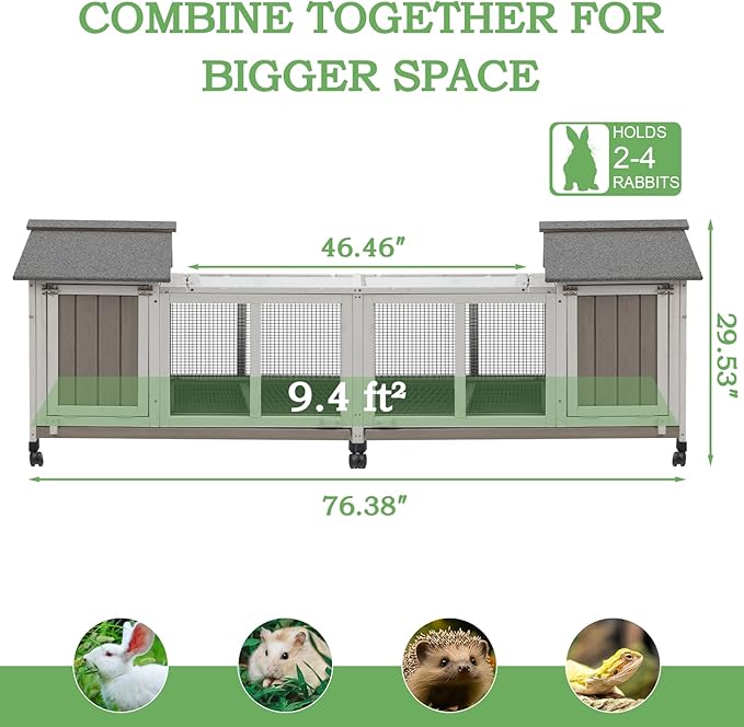 76.38"L Rabbit Hutch Indoor and Outdoor with 8 Wheels,Wooden Rabbit Cage with Pull Out Leak-Proof Tray for 2-4 Rabbits,Bunny Hutch with Asphalt Roof Suitable for Garden,Park,Living Room,Grey
