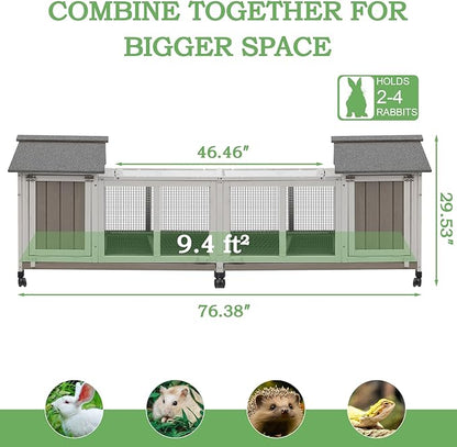 76.38"L Rabbit Hutch Indoor and Outdoor with 8 Wheels,Wooden Rabbit Cage with Pull Out Leak-Proof Tray for 2-4 Rabbits,Bunny Hutch with Asphalt Roof Suitable for Garden,Park,Living Room,Grey