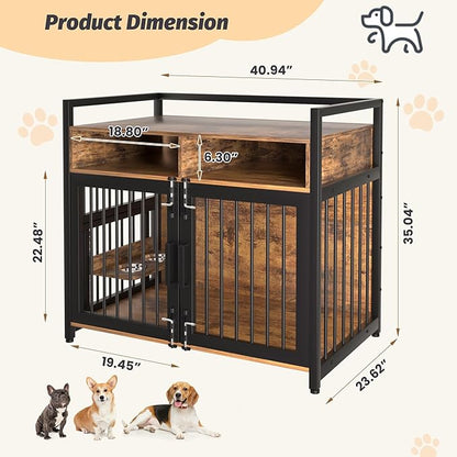 Dog Crate Furniture, Large Dog Cage with 2 Open Storage Shelves, 41 Inch Dog Kennel with Adjustable Raised Feeders, Indoor Heavy Duty Metal End Table Dog Crate for Large/Medium Dogs