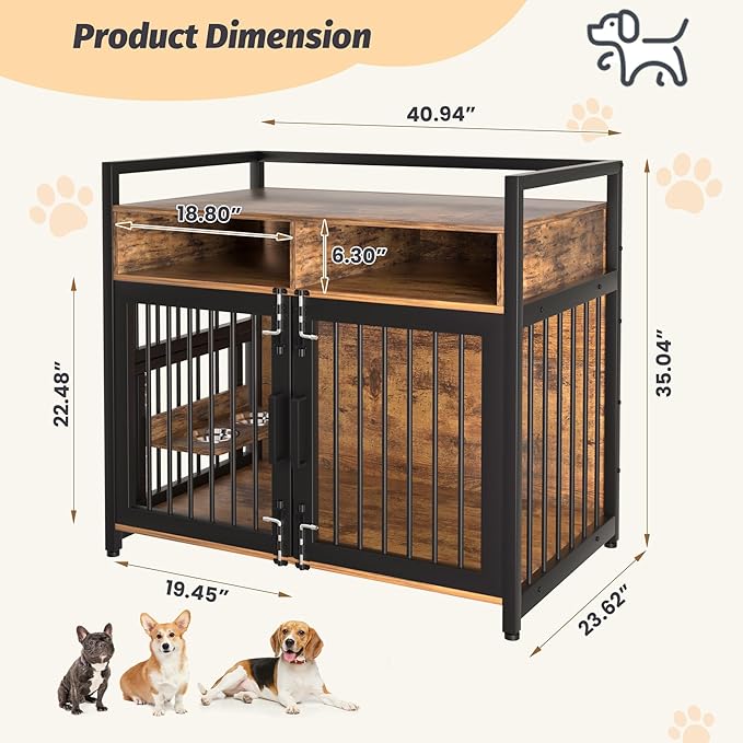 IDEALHOUSE Dog Crate Furniture, Large Dog Cage for Medium Dogs, 41 Inch Dog Kennel with Adjustable Raised Feeders, Indoor Heavy Duty Metal End Table Dog Crate with 2 Open Storage Shelves