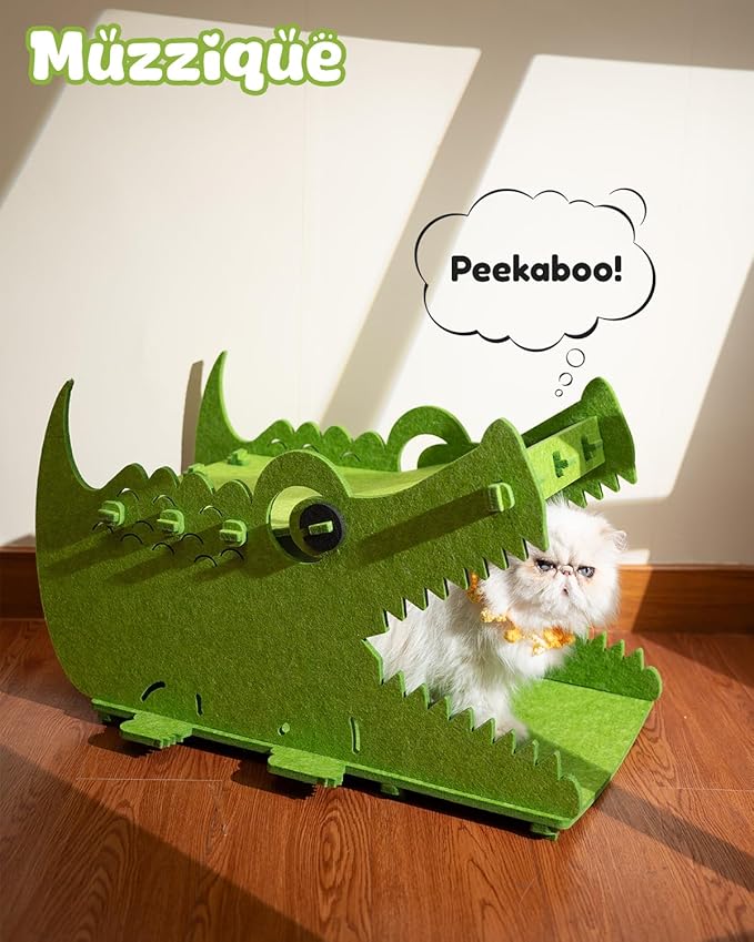 Cat House, Muzzique Cute Crocodile Felt Pet Nest, for Indoor Cats & Small Dogs, Removable Washable Kitten Playhouse, Large Peekaboo Kitty Cave, Enclosed Puppy Bed, Scratch/Sleep Dog Cube Furniture