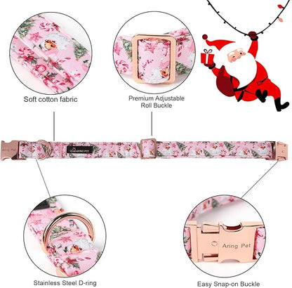 ARING PET Christmas Dog Collar-Cotton Pink Santa Claus Dog Collar with Bow, Adjustable Christmas Bowtie Dog Collars Pet Necklace with Metal Buckle for Girl&Boy Dogs