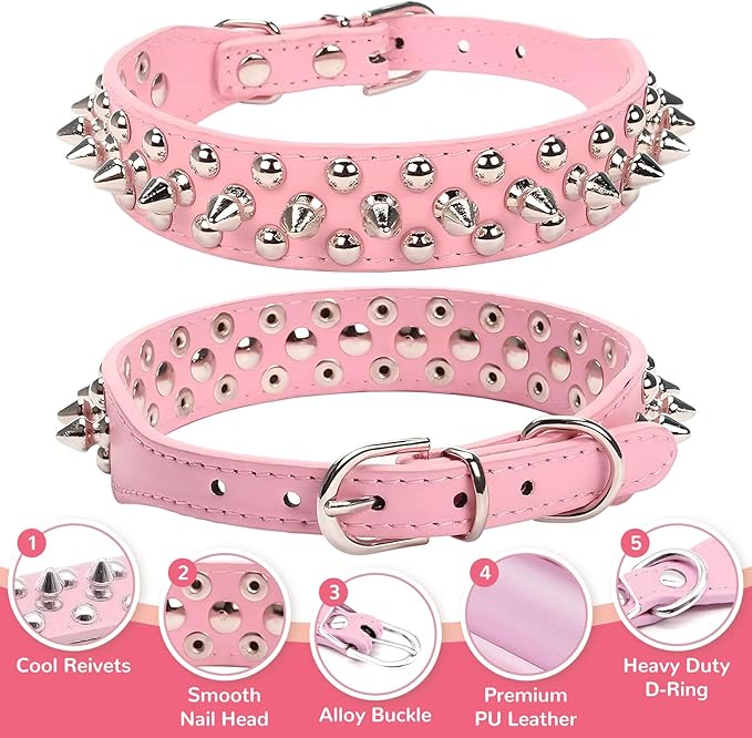 PETCARE Spiked Dog Collar Pink Soft Pu Leather Funny Mushrooms Rivet Spike Studded Puppy Collar Adjustable Outdoor Pet Dog Collar for Small Medium Large Dogs Cats Chihuahua Pug Pit Bull Dog Collars