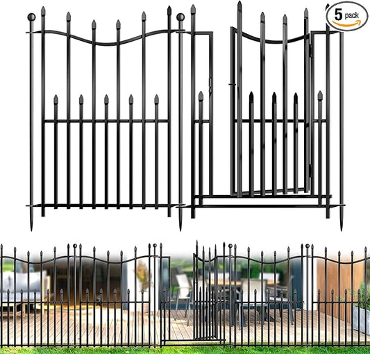 5 Panels No Dig Decorative Garden Fence with Gate, 32in(H) _ 11ft(L) Heavy-Duty Rustproof Metal Panels, Outdoor Dog Barrier for Yard & Patio, Landscape, Border| Portable Temporary Fencing