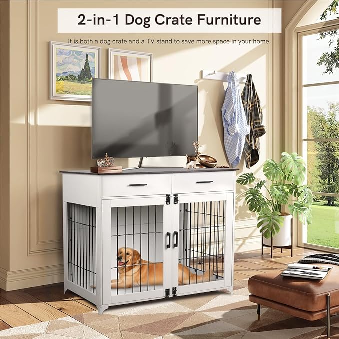 Snowtaros Dog Crate Furniture, 36.6 Inch Large Dog Crate with Drawers, Wooden Dog Kennel Indoor for Small Medium Large Dogs, Heavy Duty Dog Crate End Table with Double Doors