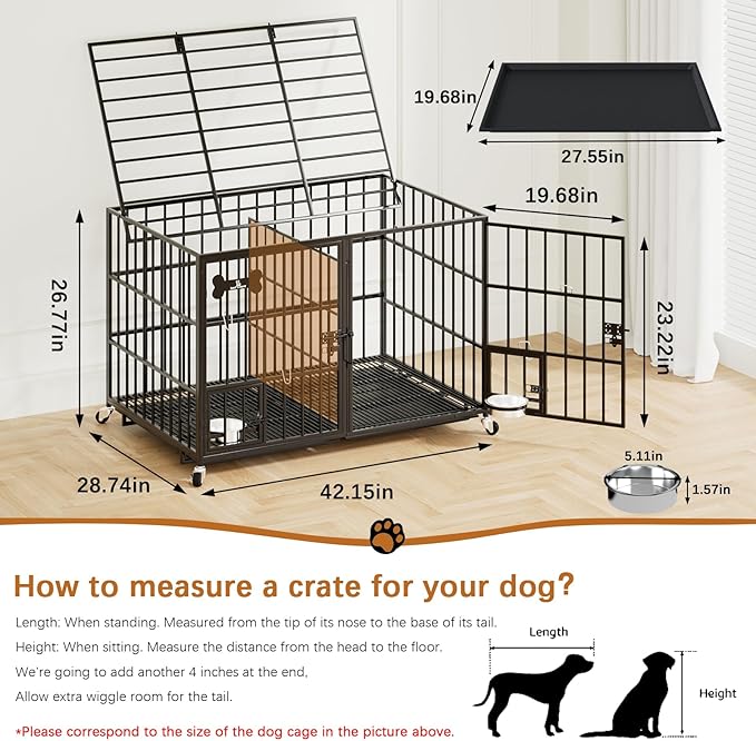 Dosker 42 inch Heavy Duty Metal Dog Crate Cage with Divider for 2 Dogs/Large Dog,All Metal Open Top Escape Proof Cage,Dog Kennel Indoor with Wheels,Floor Grid,Tray,Feeding Bowl