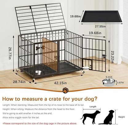 Dosker 42 inch Heavy Duty Metal Dog Crate Cage with Divider for 2 Dogs/Large Dog,All Metal Open Top Escape Proof Cage,Dog Kennel Indoor with Wheels,Floor Grid,Tray,Feeding Bowl