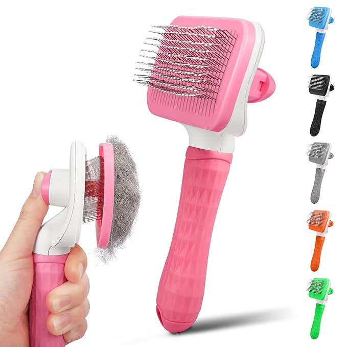 Dog & Cat Brush, Self Cleaning Slicker Brush for Pets, Upgraded Dog Brush for Shedding Massaging and Grooming, Removes Loose Undercoat & Portable Comb for Long Short Haired Dogs(Pink)