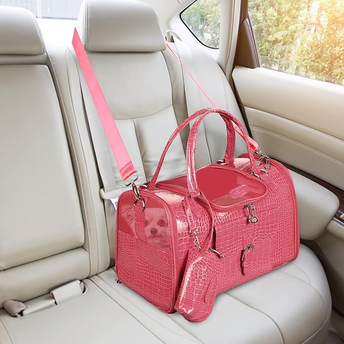Fashion Pet Carrier, Small Dog Carrier, Cat Carrier, Quality PU Leather Dog Purse, Collapsible Portable Pet Carrying Handbag for Travel Walking Hiking (Pink)
