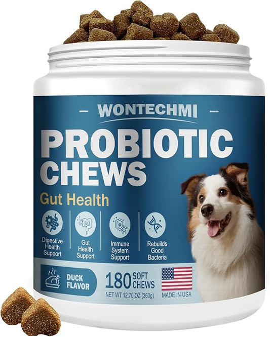 Probiotics for Dogs, Improve Itchy Skin Itchy Ears, Gut Health, Yeast Balance, Allergies, Immunity, Dog Probiotics and Digestive Enzymes with Prebiotics, Reduce Diarrhea (180 Chews, Duck)