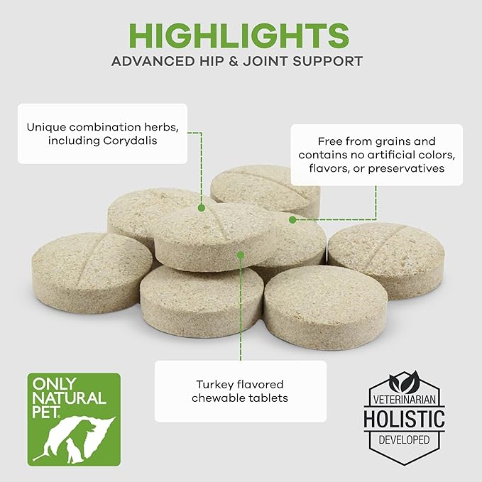 Only Natural Pet Get Up & Go Herbal Joint Support Supplement for Dogs - Holistically Formulated with Corydalis & Turmeric Hip & Joint Daily Vitamin for Senior Dog - Turkey Flavor - 90 Chewable Tablets