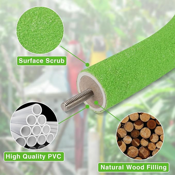 Rypet U Shape Parrot Perch Stand Toy for Paw Grinding Clean Stick Exercise, Rough-Surfaced Quartz Bird Perch Standing Cage Accessories for for Small Parakeets Cockatiels Conures Macaws Finches(Green)