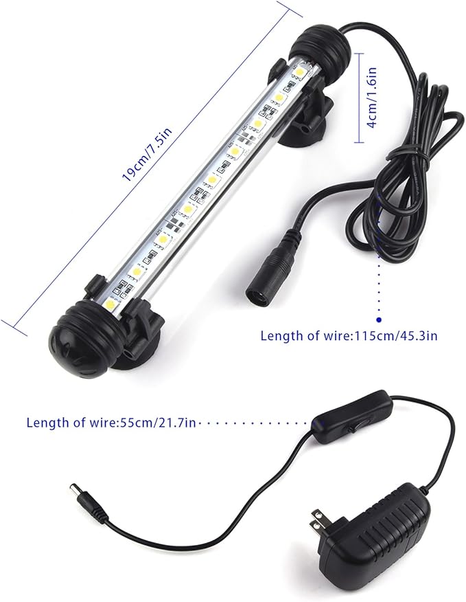 LED Aquarium Light, Fish Tank Lights Underwater Crystal Glass Bright IP68 Waterproof Submersible Strip Bar Aquarium Tank Light, White, 7.5 inch