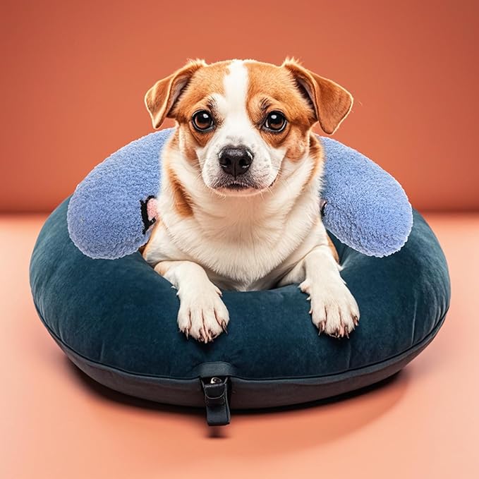 Lystaii Cat Pillow for Indoor Pet Cat Dog Calming Pillow Soft Fluffy Cat Bed Pillow Dog Neck Pillow Pet Toy Half Donut Anxiety Relief Pet Pillow with Cute Embroidery Pattern (Blue, Peaches)