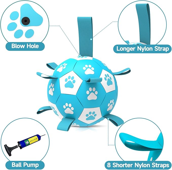 Dog Toys Soccer Ball with Straps - Durable Dog Balls for Extra Large Dogs, Dog Tug Toys for Tug of War, Beach Pool Dog Water Toy, Puppy Dog Birthday Gifts, Herding Balls for Dog, Blue White (9 Inch)
