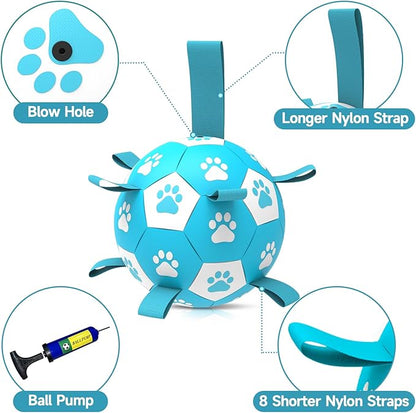 Dog Toys Soccer Ball with Straps - Durable Dog Balls for Extra Large Dogs, Dog Tug Toys for Tug of War, Beach Pool Dog Water Toy, Puppy Dog Birthday Gifts, Herding Balls for Dog, Blue White (9 Inch)