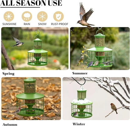 Caged Bird Feeders Squirrel-Proof, Metal, 2.8Lbs Capacity-Cage Tube Seed Feeders with Tray, Hanging Wild Bird Feeders, Attract Birds,Detachable Cleaning, Starling Proof Wild Bird Feeder（Green）