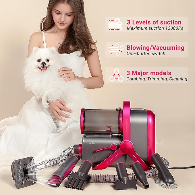 Dog Grooming Kit, Dog Grooming Vacuum, 13000Pa Upgrade Strong Pet Grooming Vacuum for Pets, Scalable Dust Cup, Low Noise, 10 Tools Shedding Grooming for Pet Hair (Rose red)