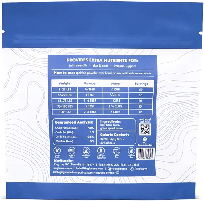 King Lou Pets - Bone Broth Booster Joint Support - Beef Broth Topper - Beef Bone Broth and Green Lipped Mussel - Bone Broth for Dogs and Cats - Cat and Dog Bone Broth for Healthy Skin and Joints
