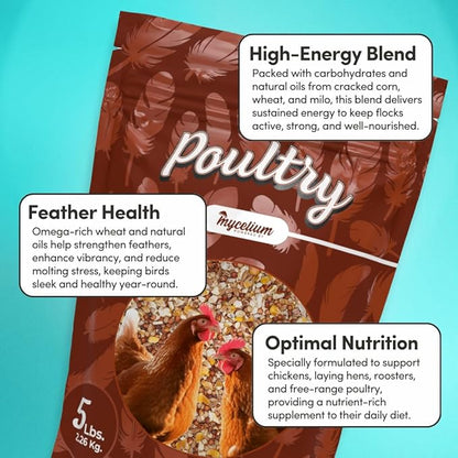 Mycelium Premium Poultry Scratch | Bird Food for Chickens, Quails & Game Birds | Organic, Non-GMO Seed Treat with Corn, Wheat & Milo | Supports Natural Foraging & Digestion | Made in USA, 5 lb Bag