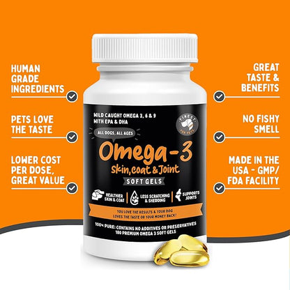 Omega 3 Fish Oil for Dogs - Finest For Pets Soft Gels for Skin & Coat, Itching, Shedding, Joints & Immune Health - 100% Pure Omega Fish Oil with EPA & DHA. Ideal for Medium to Large Dogs (180 ct)